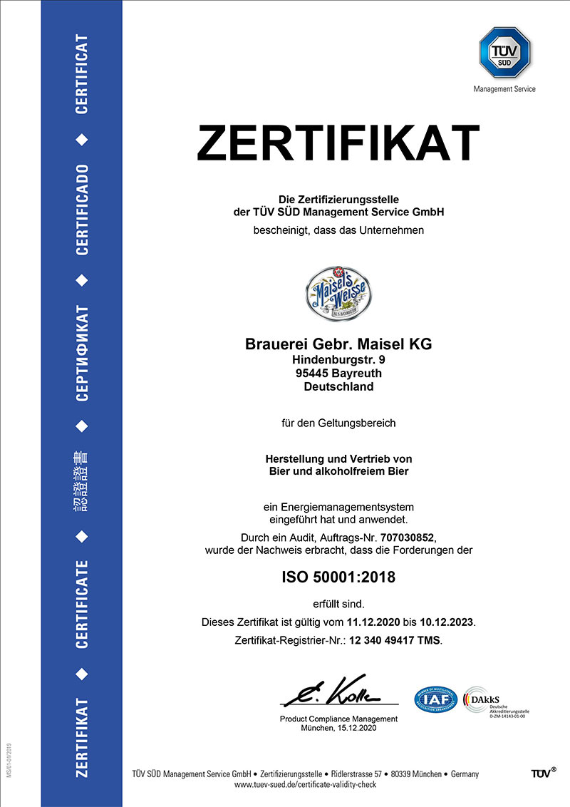 DIN-ISO-50001-2018 Zertifikat der Brauerei Maisel