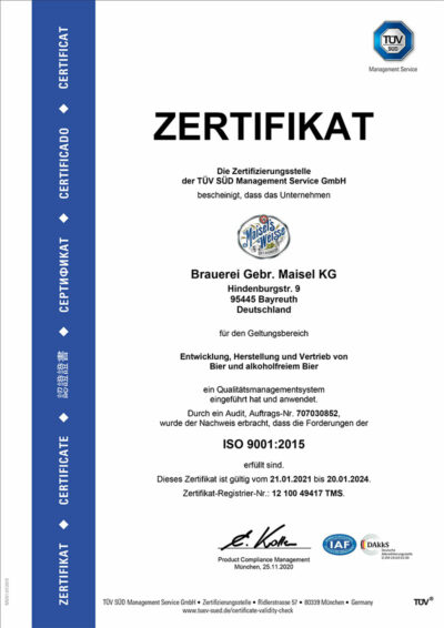 Zertifikat DIN-ISO-9001-2015 der Brauerei Maisel
