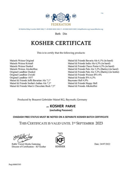Koscher Zertifikat der Brauerei Maisel