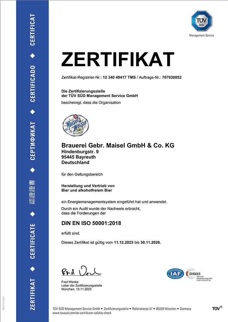 Zertifikat DIN-ISO-50001-2018 der Brauerei Maisel